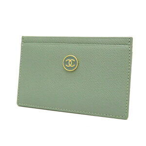CHANEL Coco Button Pass Case Wallet Card Leather Green